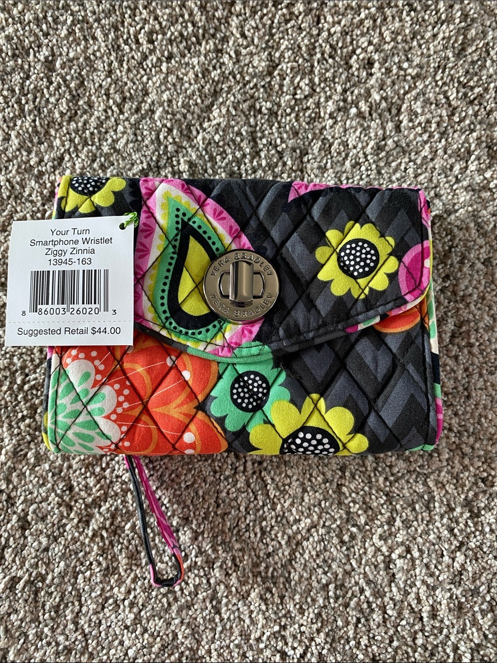 Vera Bradley Ziggy Zinnia Quilted Wristlet - Black Multi Floral 6.5 in x 4.5 in